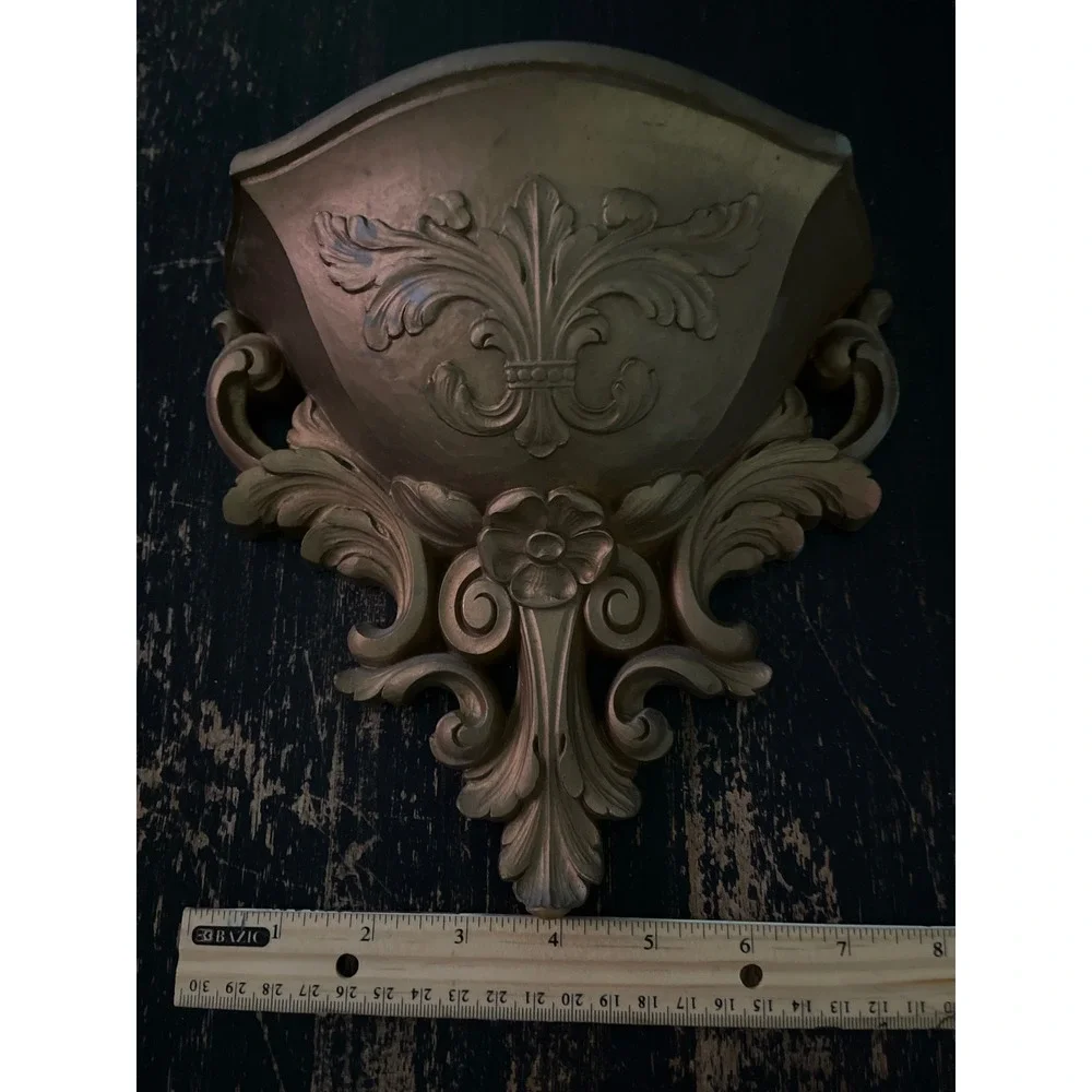 Vintage Gold Ornate Wall Pocket Shelf Scrolled Fleur De Lis Decorative Corbel